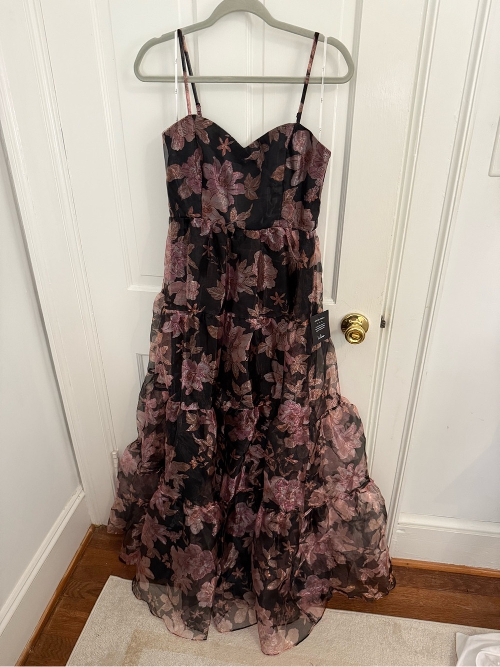 Black Floral Tiered Spaghetti-Strap Formal Dress
